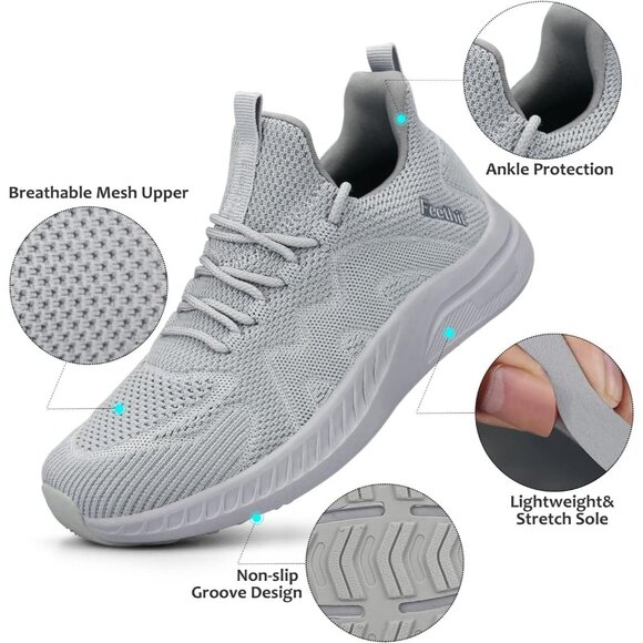 Feethit Women Light Grey Lightweight Wide Mesh Workout Sneakers For Tennis Gym - Picture 2 of 6